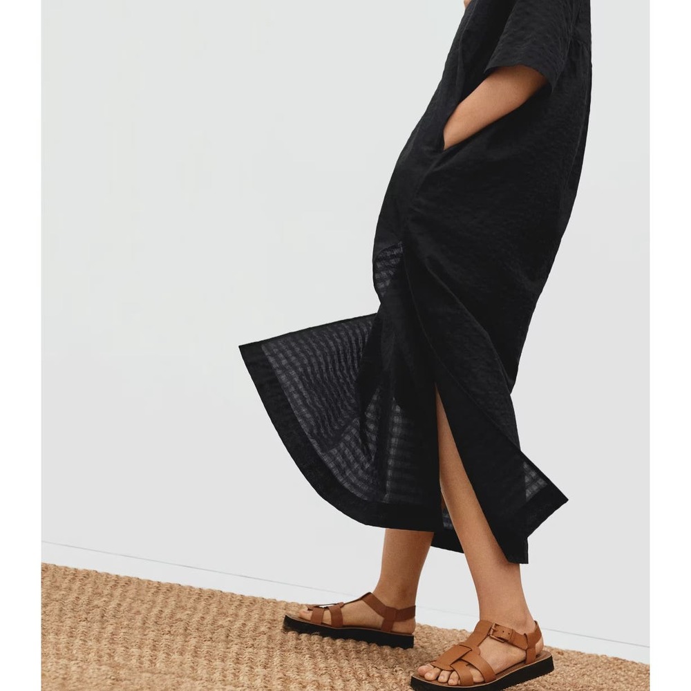 Everlane The Caftan Dress Black Check Button Front Lightweight Side Slits Medium - Picture 5 of 14